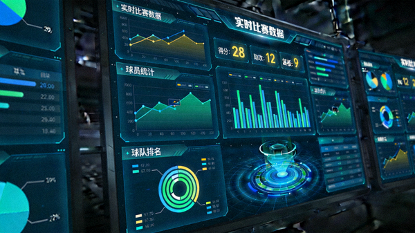 体育数据中心大屏上的统计图表与比赛数据可视化